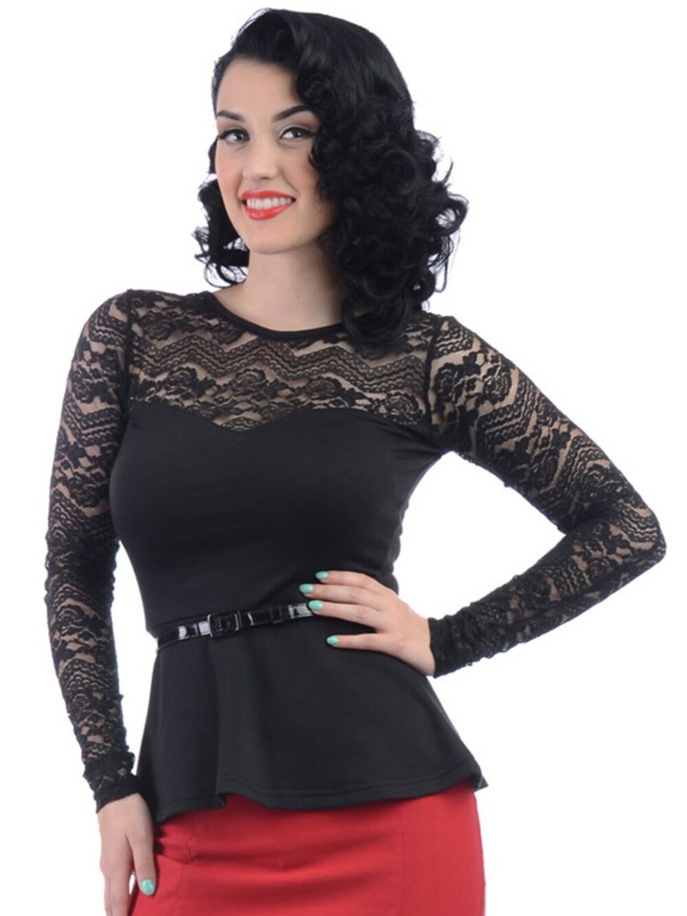 Steady Clothing Vintage Black Rose Sheer Lace Long Sleeve Peplum Top with belt
